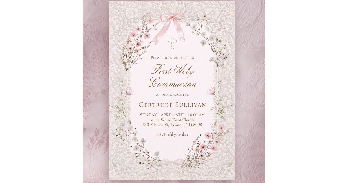 delicate pink flowers lace frame First Communion Invitation | Zazzle