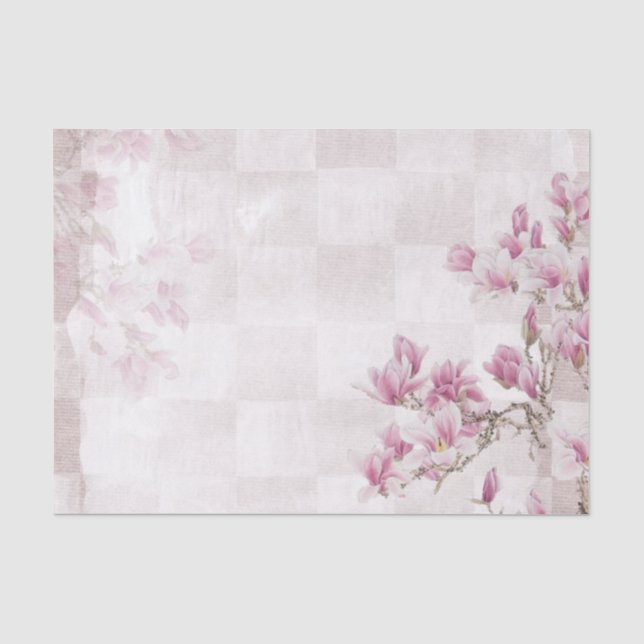 Delicate Pink Flowers Pink / White Checkerboard Tissue Paper (Front)