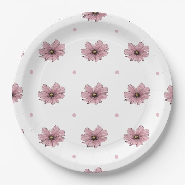 Delicate pink flowers polka dots paper plates (Front)