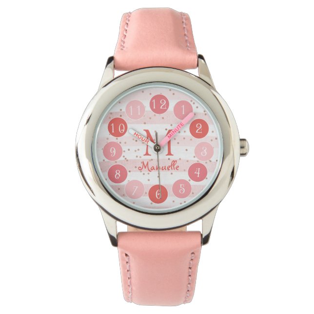 Delicate Pink Glitter Monogram Girl Gift Watch (Front)
