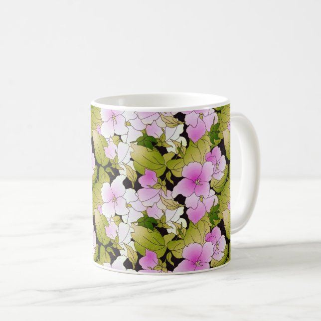 Delicate Pink & Green Floral Design Coffee Mug (Front Right)