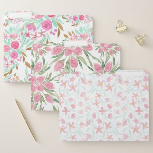 Delicate Pink Green Wildflowers Floral Watercolor File Folder