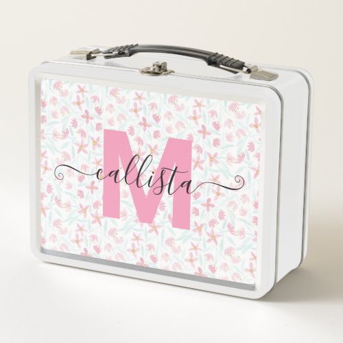 Delicate Pink Green Wildflowers Floral Watercolor Metal Lunch Box