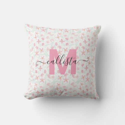Delicate Pink Green Wildflowers Floral Watercolor Outdoor Pillow