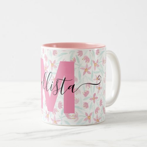 Delicate Pink Green Wildflowers Floral Watercolor Two_Tone Coffee Mug