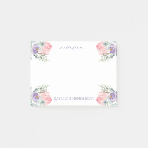 Delicate Pink Lavender Watercolor Flowers Monogram Post_it Notes