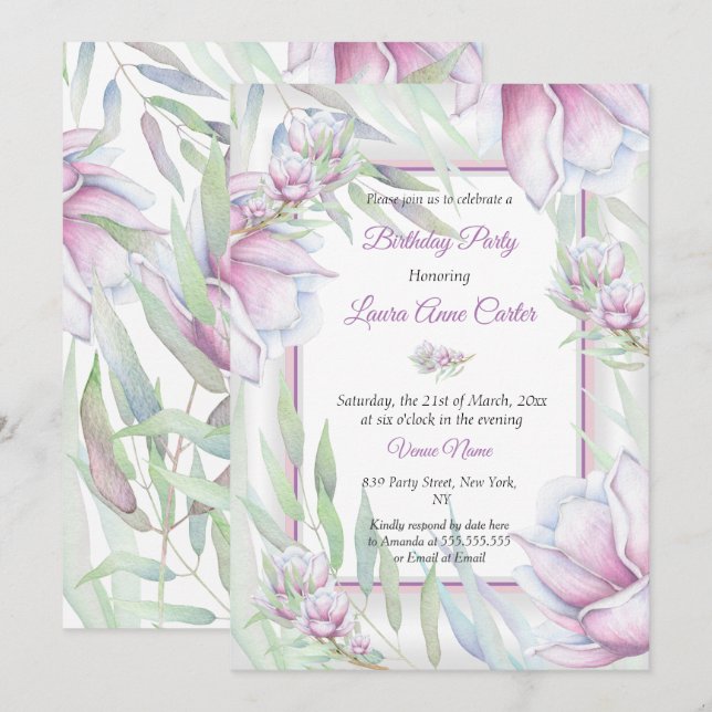 Delicate Pink Lilac Floral Watercolor Birthday Invitation (Front/Back)