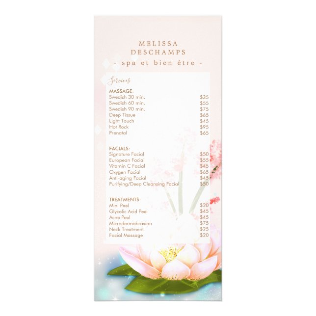 Delicate Pink Lotus Flower Custom Spa Template Rack Card (Front)