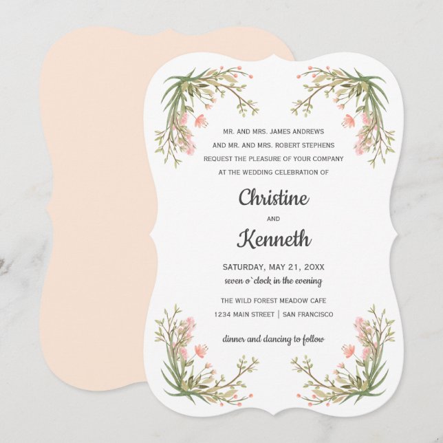 Delicate Pink Meadow Flowers Botanical wedding Invitation (Front/Back)