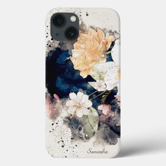 Delicate pink orange floral blue watercolor splash