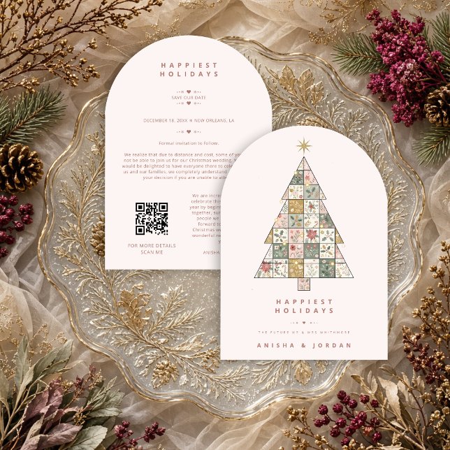 Delicate Pink Patchwork Christmas Tree TLW26 Save The Date (Delicate Pink Botanical Patchwork Christmas Tree Wedding Save The Date Card.)