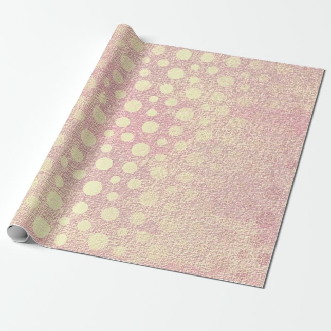Delicate Pink Peach Pastel Golden Polka Dots Wrapping Paper (Unrolled)