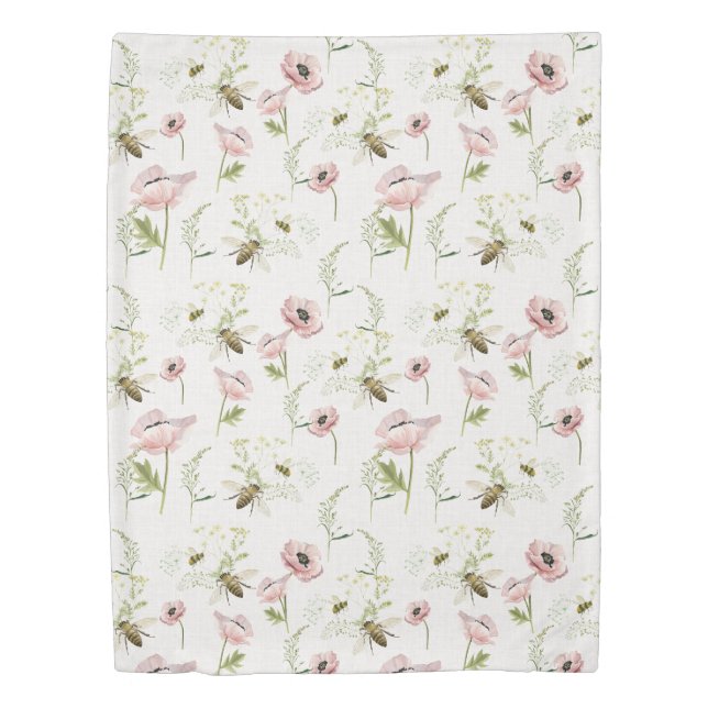 Delicate Pink Poppies, Bees, and Wildflowers Duvet Cover (Front)