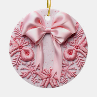 Delicate Pink Ribbon Embroidery Ceramic Ornament