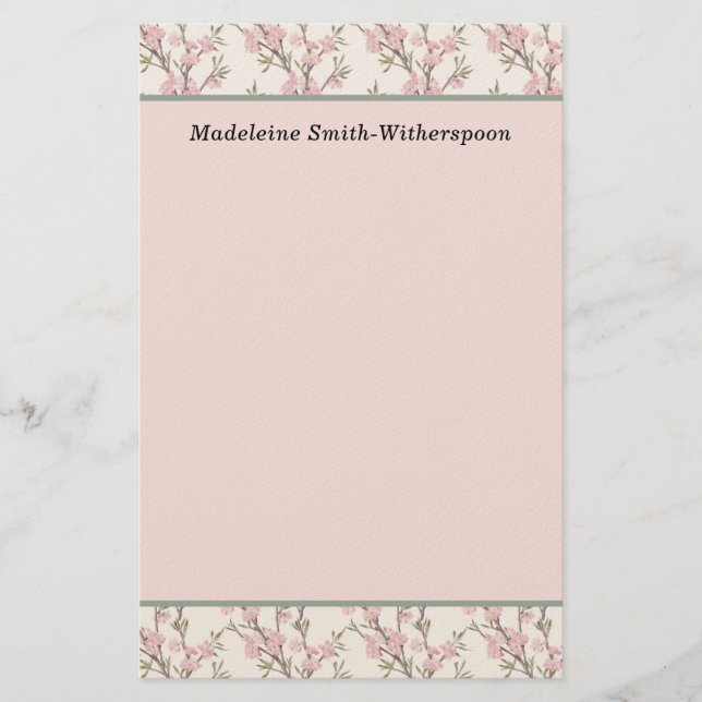 Delicate Pink Rose Buds Floral Monogram Name Stationery (Front)