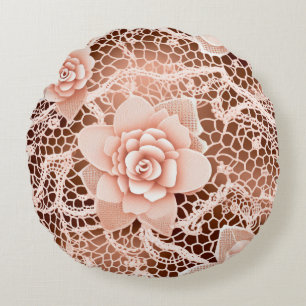 Delicate Pink Rose Lace Round Throw Pillow
