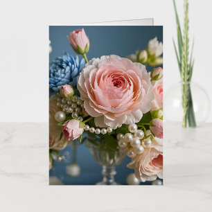Delicate pink rose with pearl in vase foil greeting card
