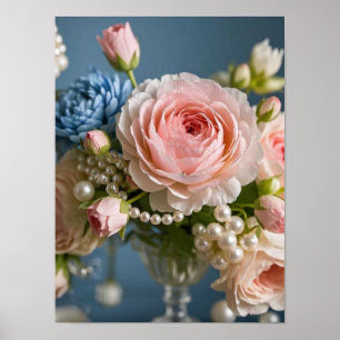 Delicate pink rose with pearl in vase poster