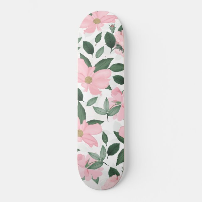 Delicate Pink Roses Floral Painting Skateboard (Front)