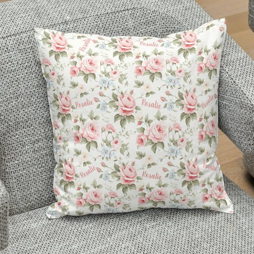 Delicate Pink roses whimsical Name Throw Pillow