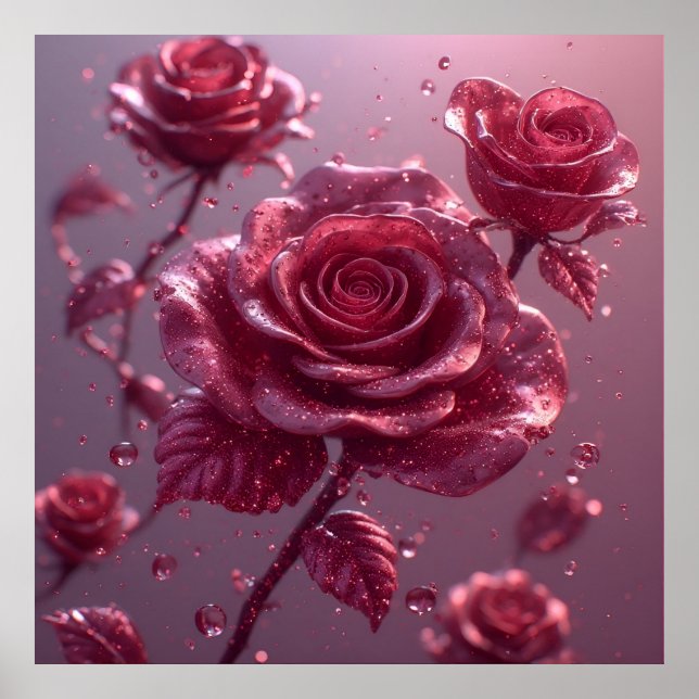 Delicate Pink Roses with Dewdrops and Glitter Poster (Front)