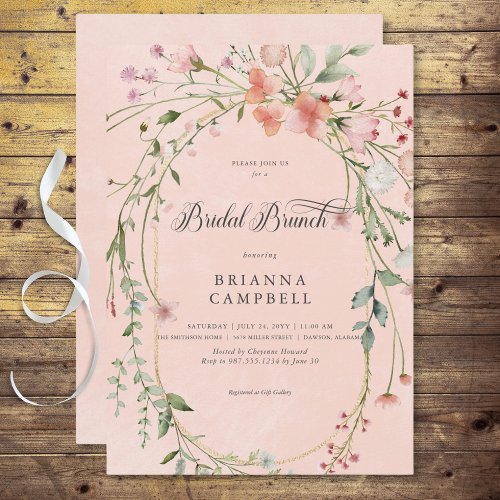 Delicate Pink Rustic Wildflowers Bridal Brunch Invitation