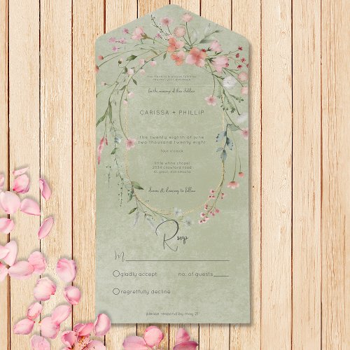 Delicate Pink Rustic Wildflowers Sage No Dinner All In One Invitation