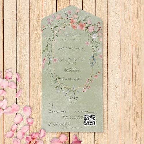 Delicate Pink Rustic Wildflowers Sage QR Code All In One Invitation