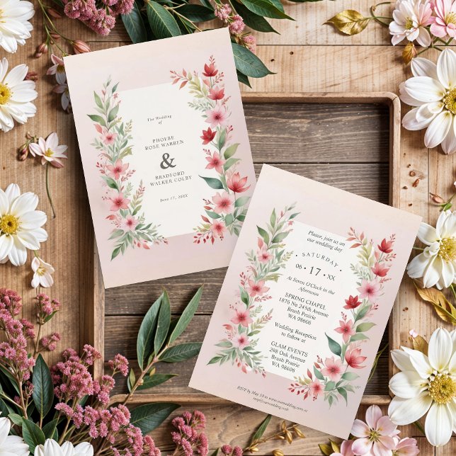 Delicate Pink Shades Chic Botanical Wildflowers Invitation (Delicate Pink Shades Cherish Botanical Wildflowers Branches Wedding Invitations Cards.)