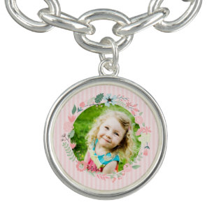 Delicate Pink Stripes Custom Photo Floral Frame Charm Bracelet