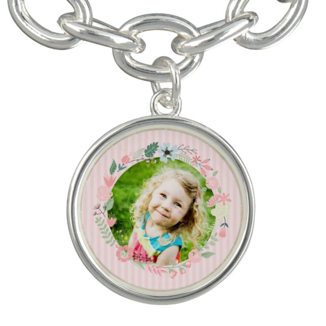 Delicate Pink Stripes Custom Photo Floral Frame Charm Bracelet (Design)