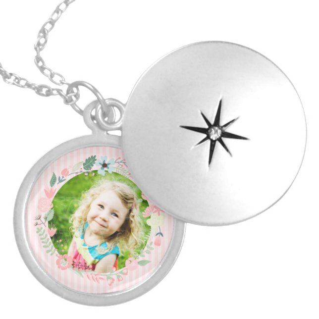 Delicate Pink Stripes Custom Photo Floral Frame Locket Necklace (Front)