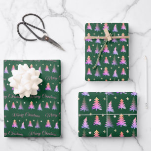 Delicate pink trees Merry Christmas green Wrapping Paper Sheets