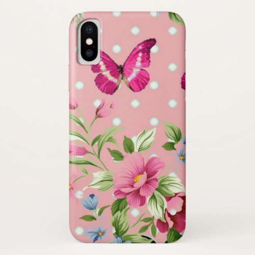 delicate pink vintage floral butterfly pattern iPhone x case