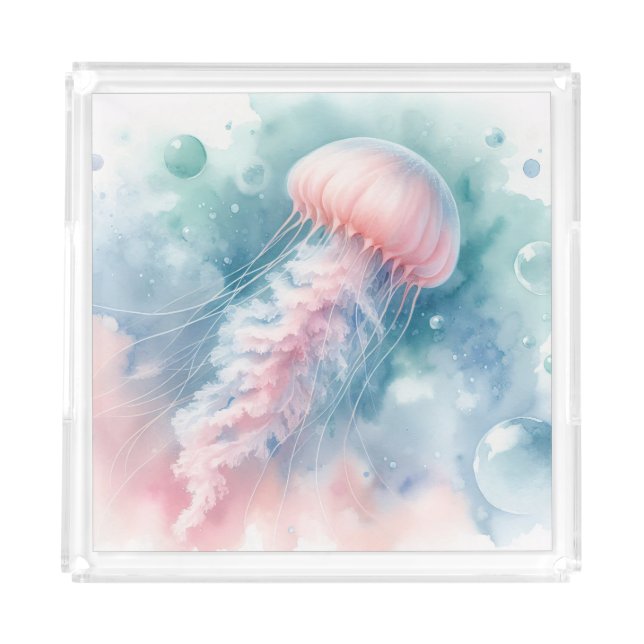 Delicate Pink Watercolor Jellyfish Acrylic Tray (Front)