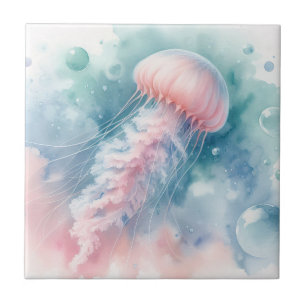 Delicate Pink Watercolor Jellyfish Ceramic Tile