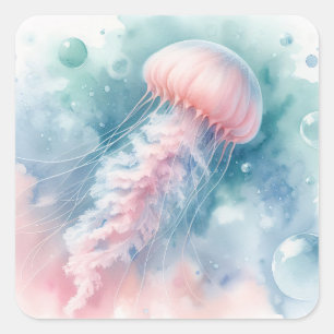 Delicate Pink Watercolor Jellyfish Square Sticker