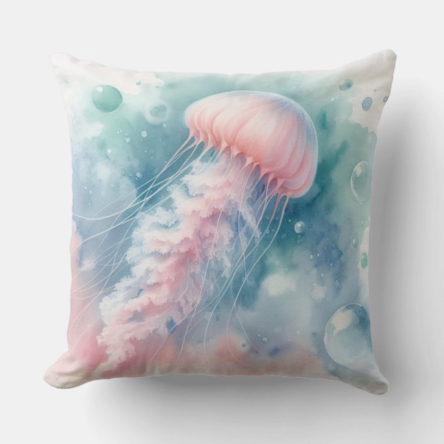 Delicate Pink Watercolor Jellyfish Throw Pillow (Front)