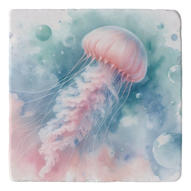 Delicate Pink Watercolor Jellyfish Trivet (Front)