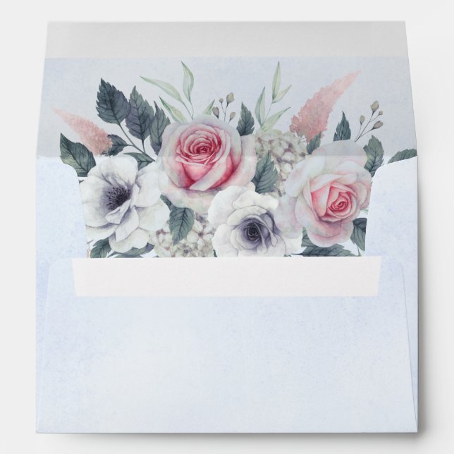 Delicate Pink Watercolor Roses Light Blue Wedding  Envelope (Back (Bottom))