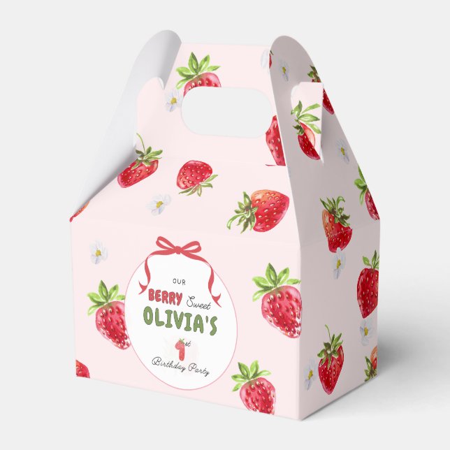 Delicate Pink Watercolor Strawberry First Birthday Favor Boxes (Front Side)