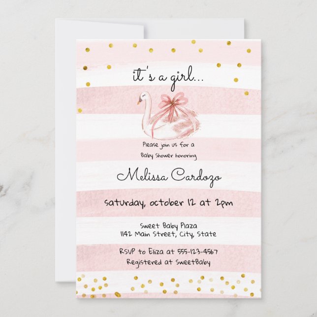 Delicate Pink Watercolor Swan Baby Girl Shower Invitation (Front)