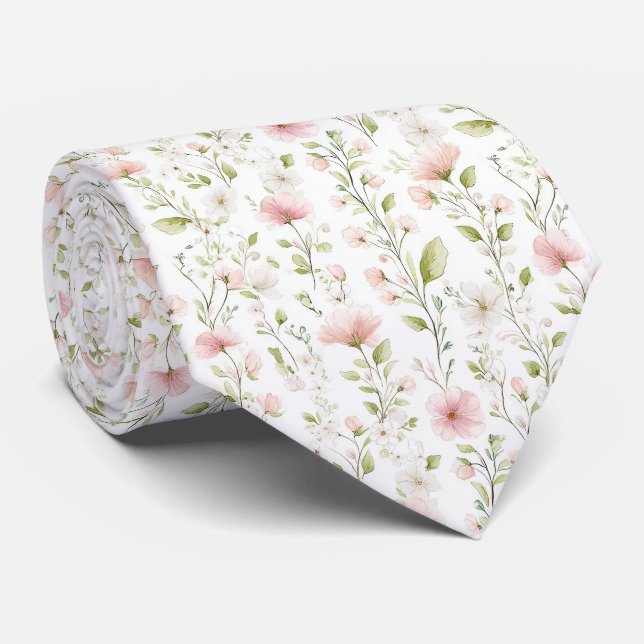 Delicate pink white flowers pattern neck tie (Rolled)