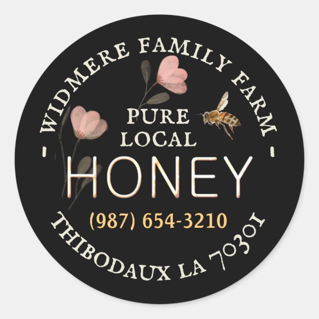 Delicate Pink Wildflower Honey Sold Here on Black  Classic Round Sticker (Front)