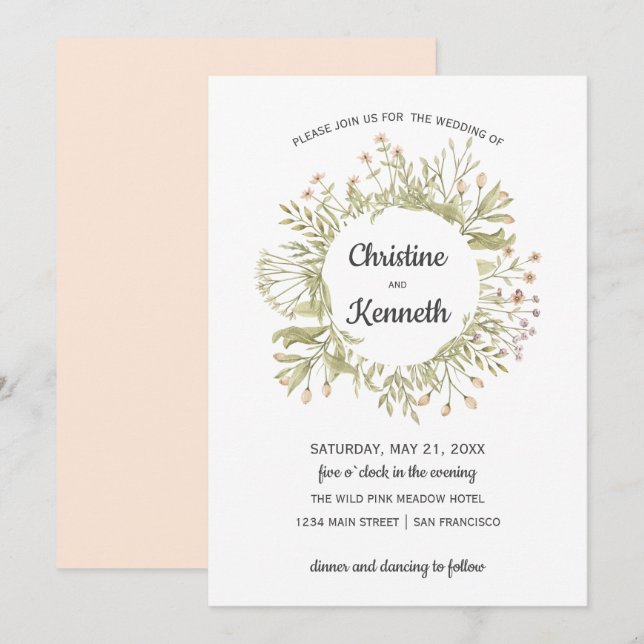 Delicate Pink wildflowers wreath Botanical Wedding Invitation (Front/Back)