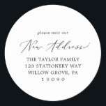 Delicate Please Note Our New Address Envelope Classic Round Sticker<br><div class="desc">These delicate please note our new address envelope stickers are perfect for a modern holiday card or moving announcement envelope. The romantic minimalist design features lovely and elegant black typography on a white background with a clean and simple look.</div>
