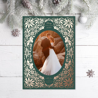 Delicate Poinsettia Green Oval Frame Photo Rose Foil Holiday Card