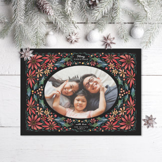 Delicate Poinsettia Oval Frame Black Photo Holiday Card
