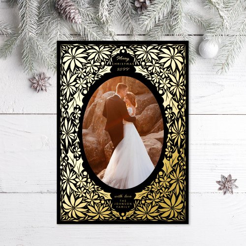 Delicate Poinsettia Oval Frame Photo Foil Holiday Card