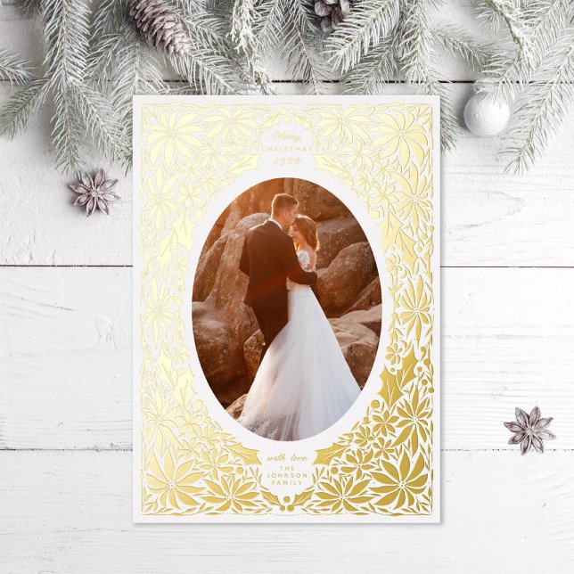 Delicate Poinsettia Oval Frame Photo Foil Holiday Card (Creator Uploaded)